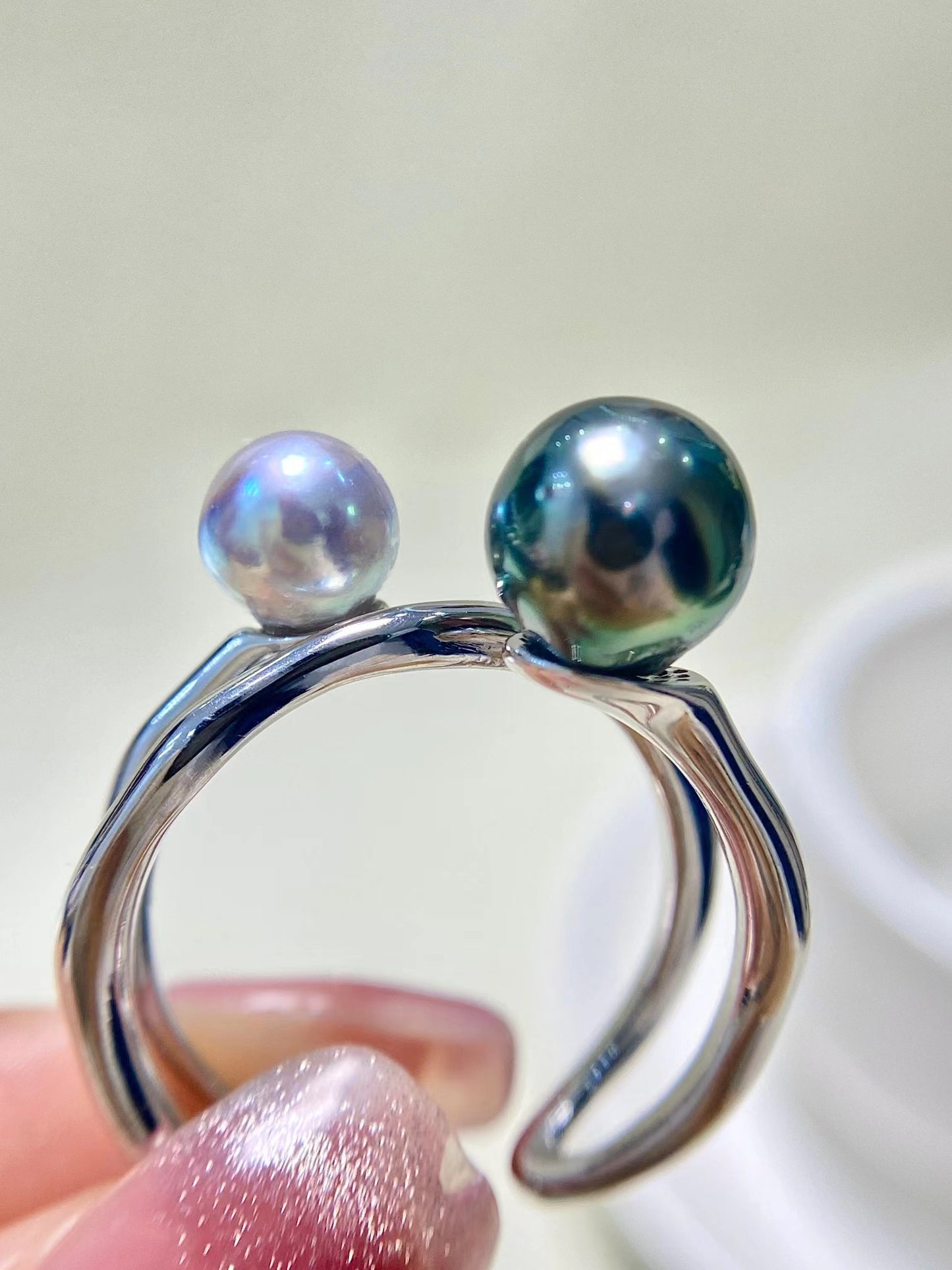 6-7/8-9mm Tahitian Pearl+Akoya Pearl Double Pearl Ring, S925 Sliver Setting