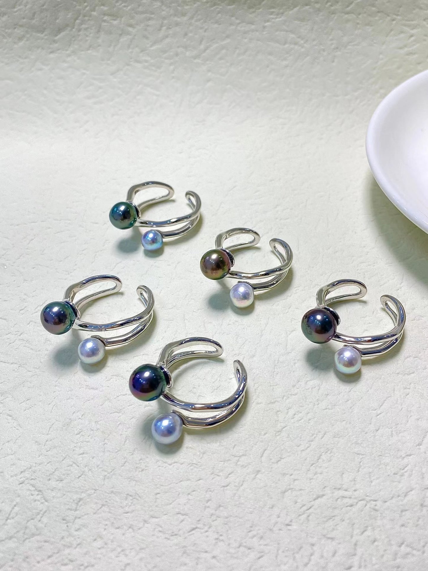 6-7/8-9mm Tahitian Pearl+Akoya Pearl Double Pearl Ring, S925 Sliver Setting