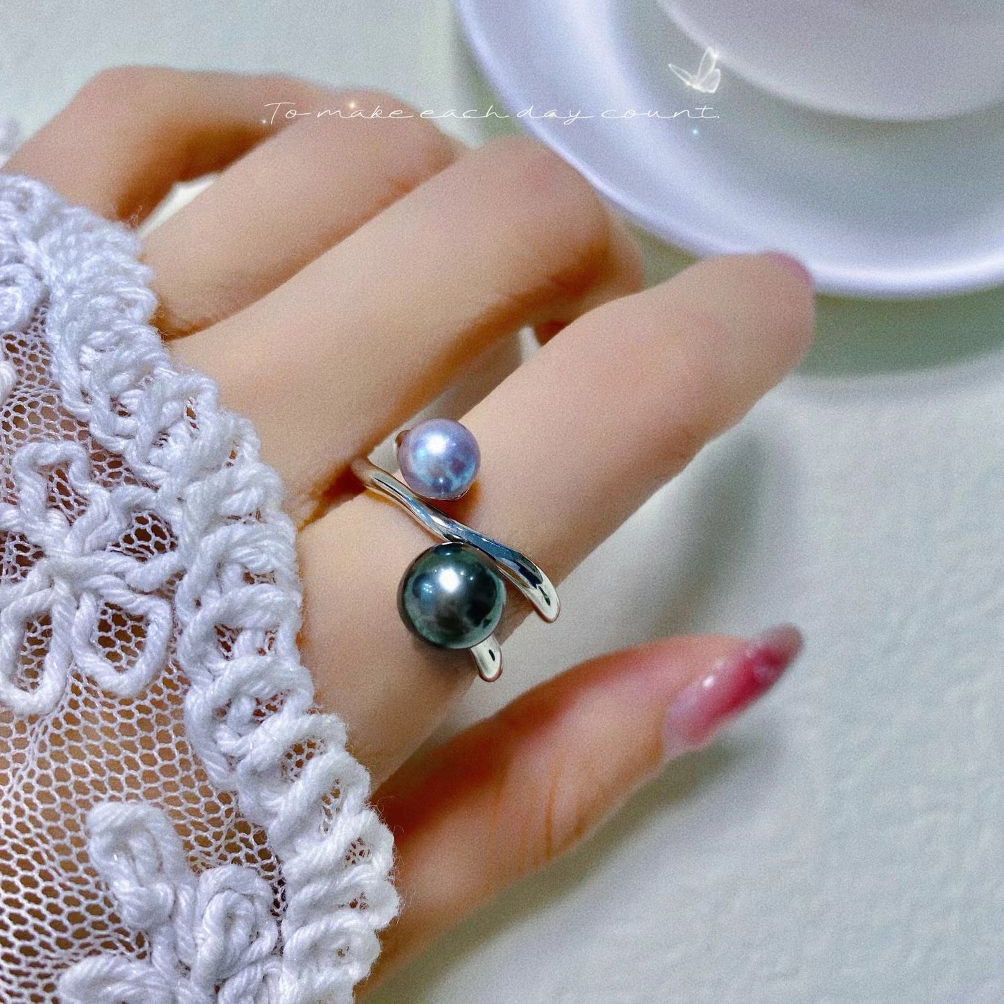 6-7/8-9mm Tahitian Pearl+Akoya Pearl Double Pearl Ring, S925 Sliver Setting