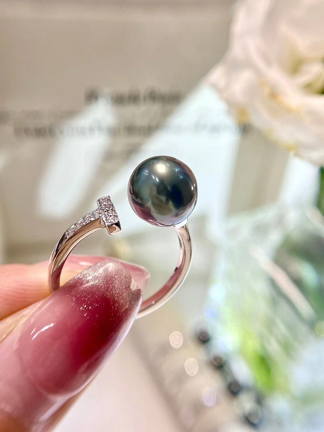 9-10mm Tahitian Pearl T-Setting Ring, S925 Sliver Setting