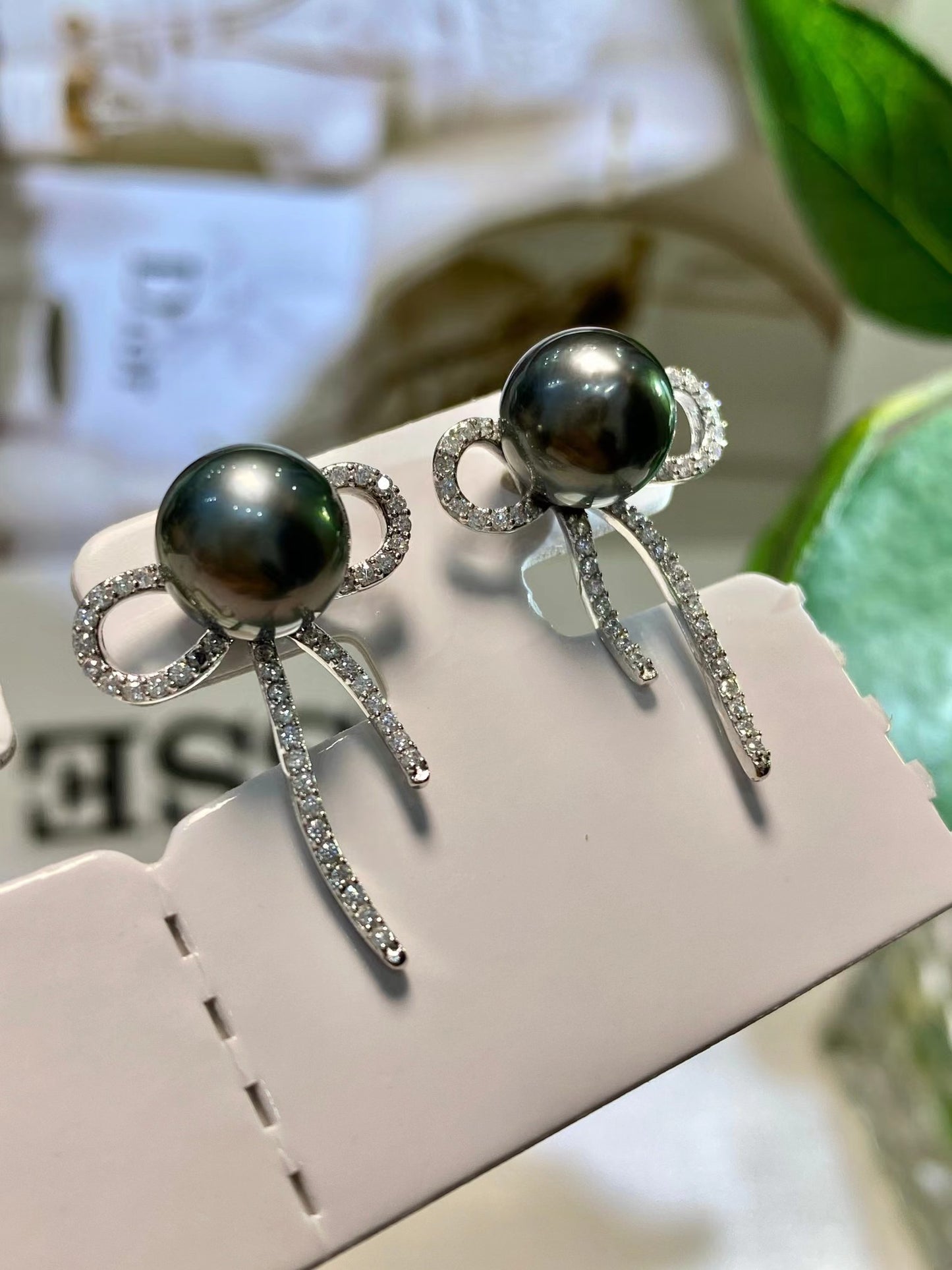 9-10mm Tahitian Pearl Bowknot Earring, S925 Sliver Setting