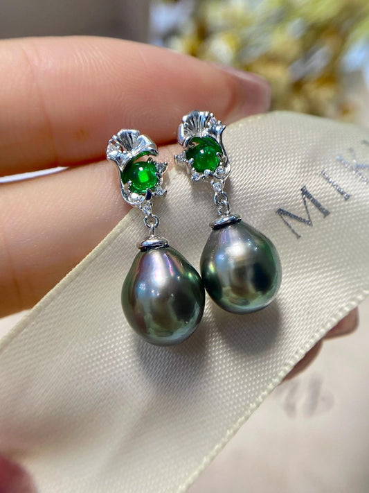 9-10mm Tear Drop shape Tahitian Pearl  Lotus Leaf Earring, S925 Sliver Setting