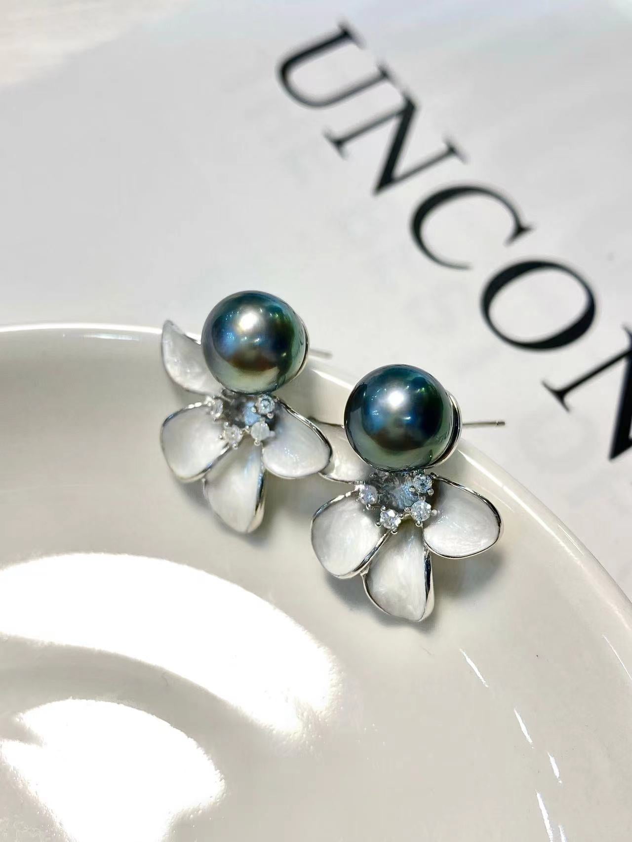 9-10mm Tahitian Pearl Flower Earring, S925 Sliver Setting