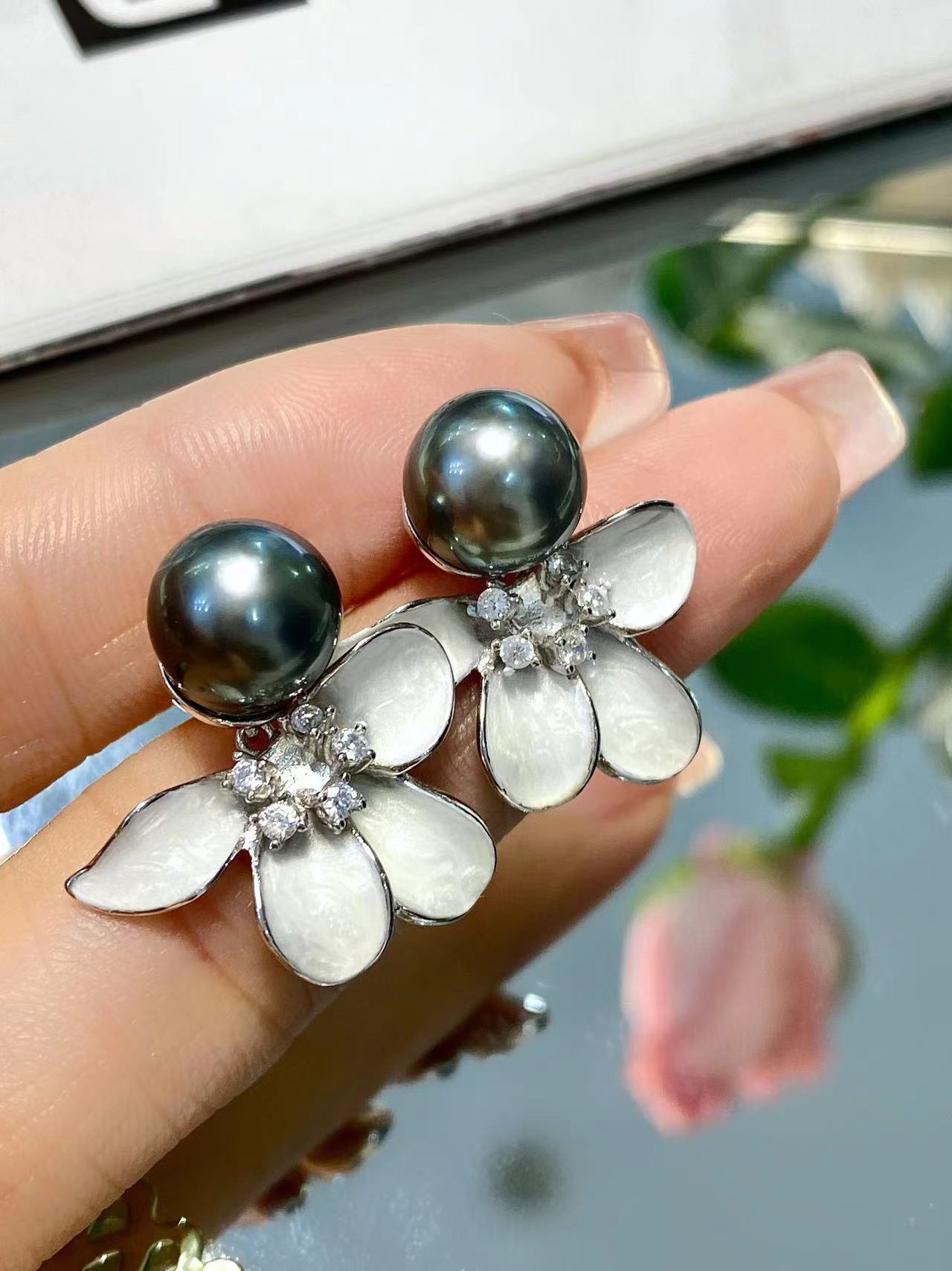 9-10mm Tahitian Pearl Flower Earring, S925 Sliver Setting