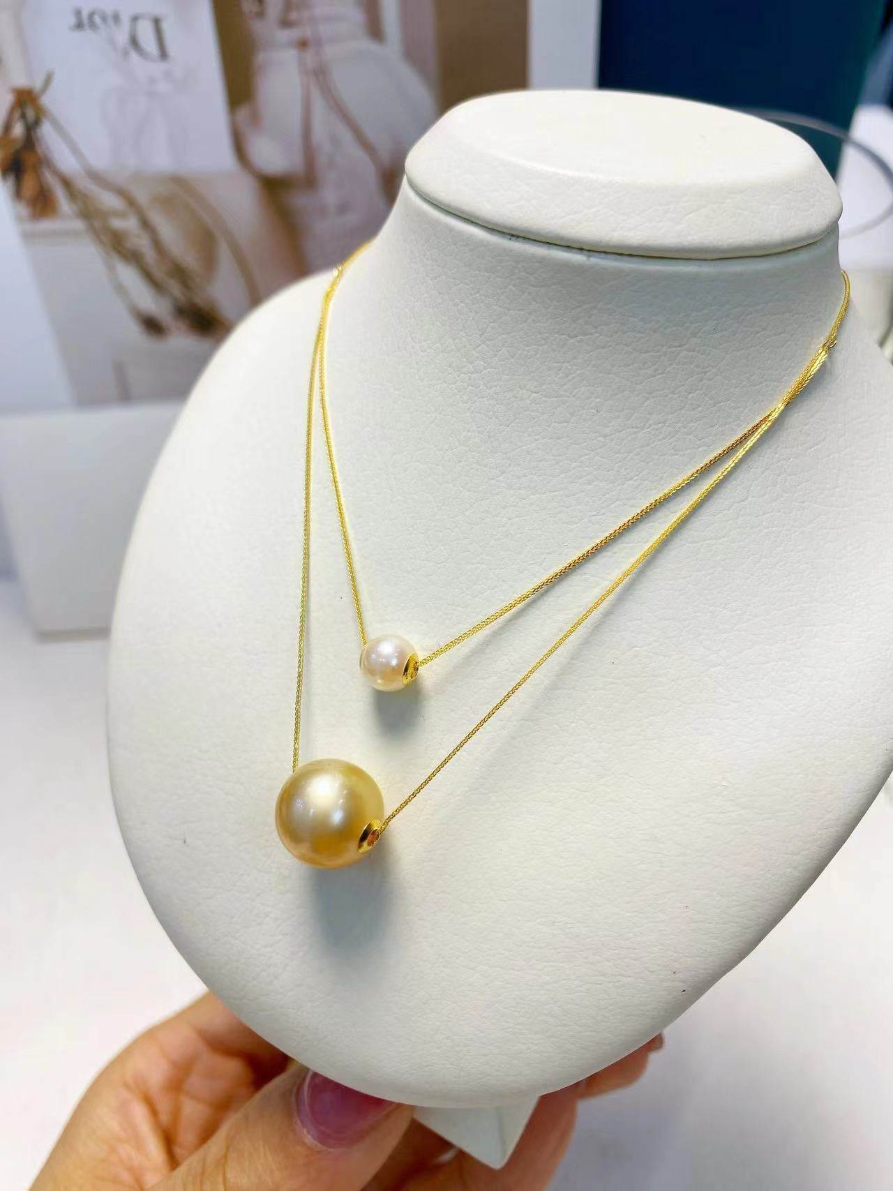 5-11mm Golden Pearl +Akoya Pearl Double Strand Necklace, Solid 18k Gold Setting