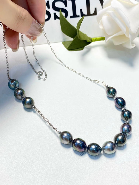 8-9mm Baroque Tahitian Pearl Necklace, S925 Sliver Setting