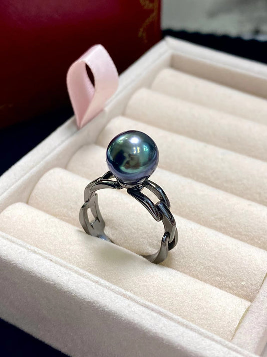 9-10mm Tahitian Pearl Black Sliver Ring, S925 Sliver Setting