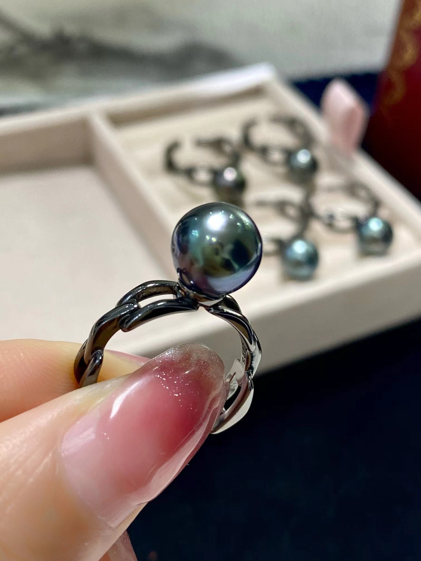 9-10mm Tahitian Pearl Black Sliver Ring, S925 Sliver Setting