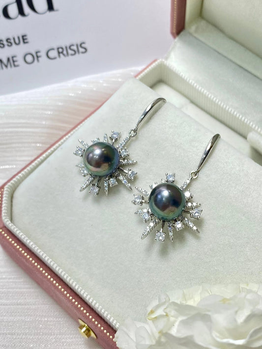 9-10mm Tahitian Pearl Asterism Earring, S925 Sliver Setting