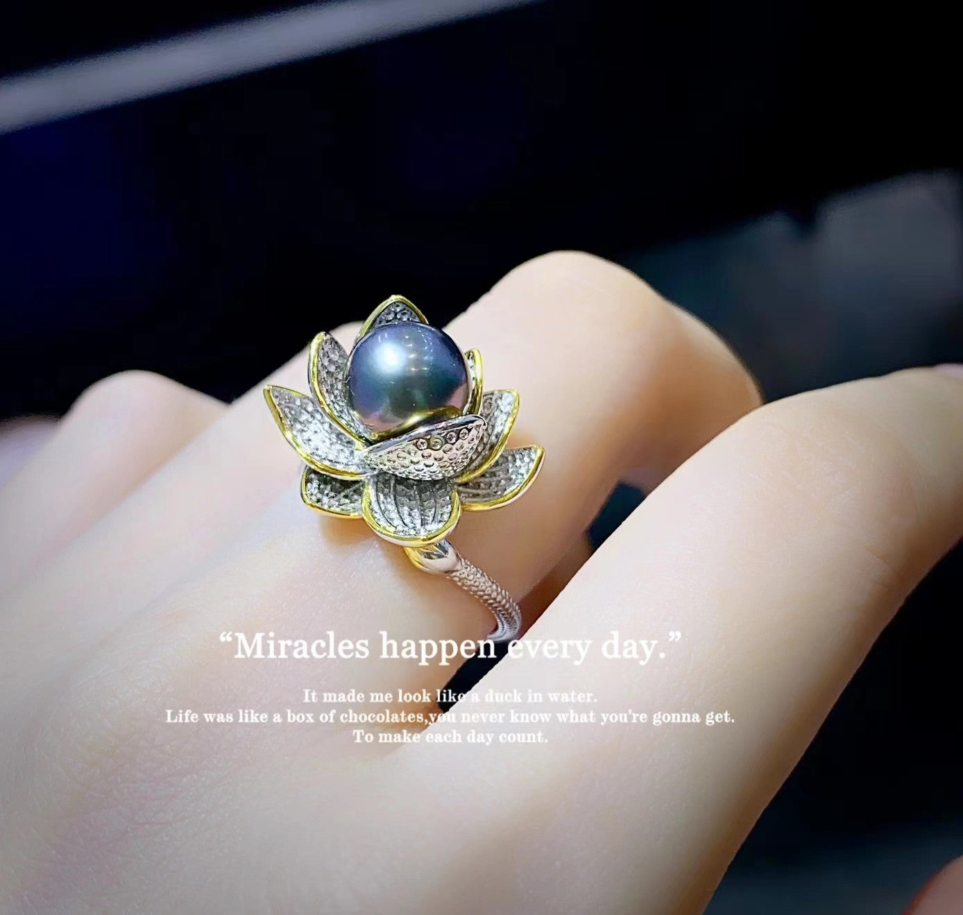 8-9mm Tahitian Pearl Flower Ring, S925 Sliver Setting