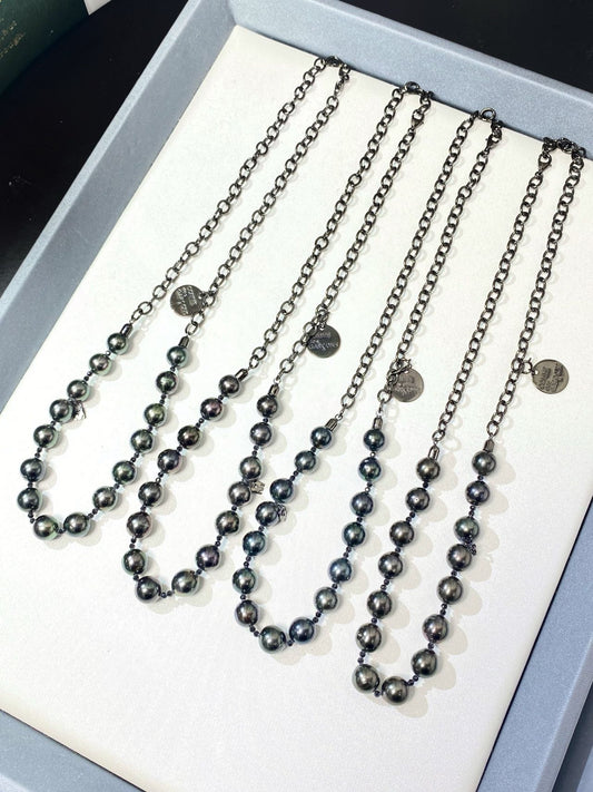 8-9mm Baroque Tahitian Pearl Necklace, S925 Black Sliver Setting